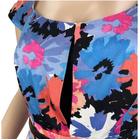 JAX Colorful Floral Print Belted Cap Sleeve Dress Sz 8 Paneled Skirt - Picture 4 of 13